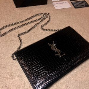 YSL Chain Wallet in Croc Embossed Shiny Leather